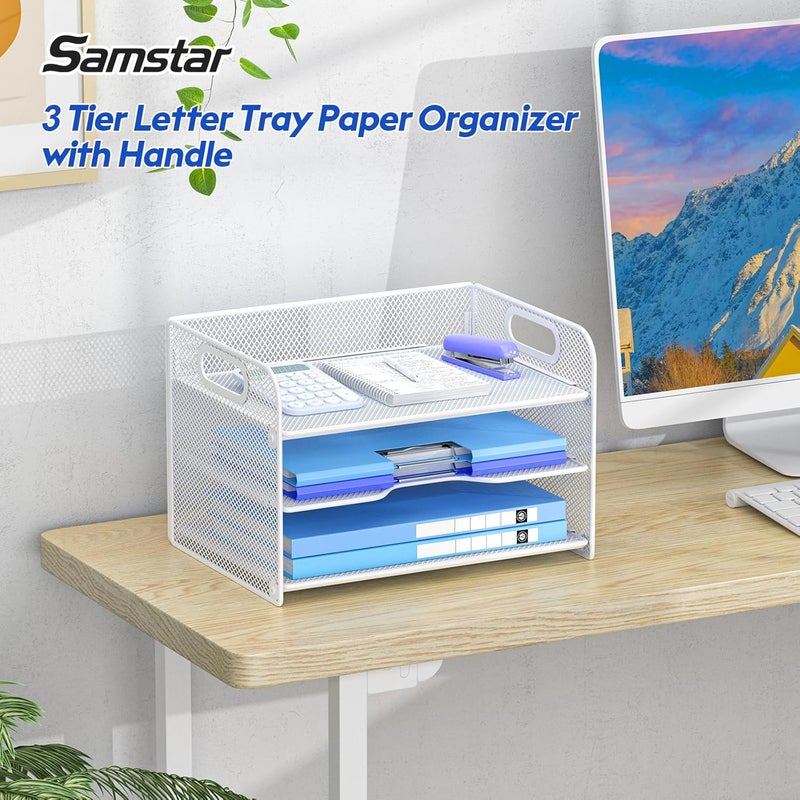 Samstar 3 Tier White Letter Tray Paper Organizer with Handle, Mesh Desk Organizer Paper Sorter File Rack Shelves, White - Image 2